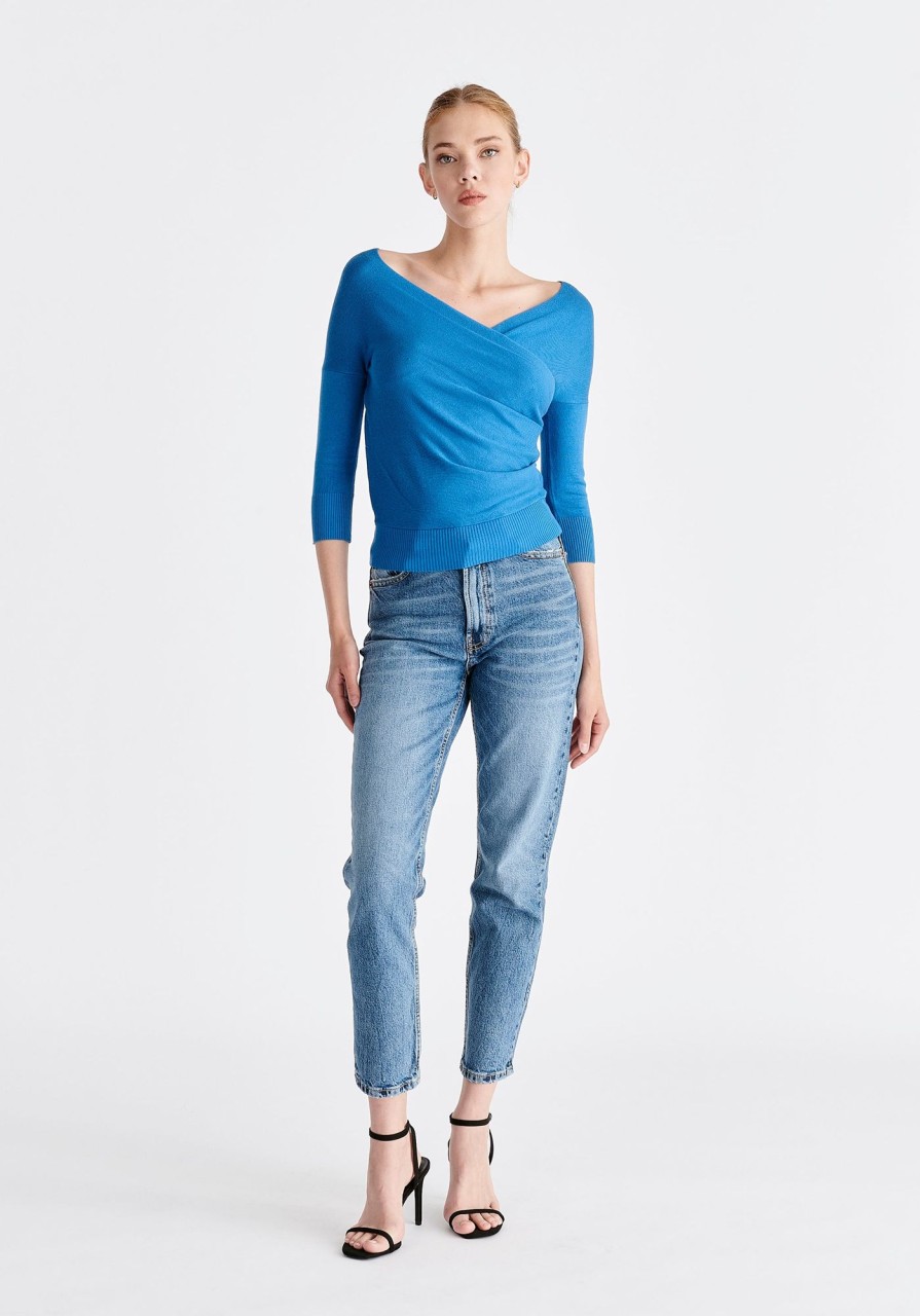 Clothing Paisie | Knitted Wrap Top With 3/4 Sleeves