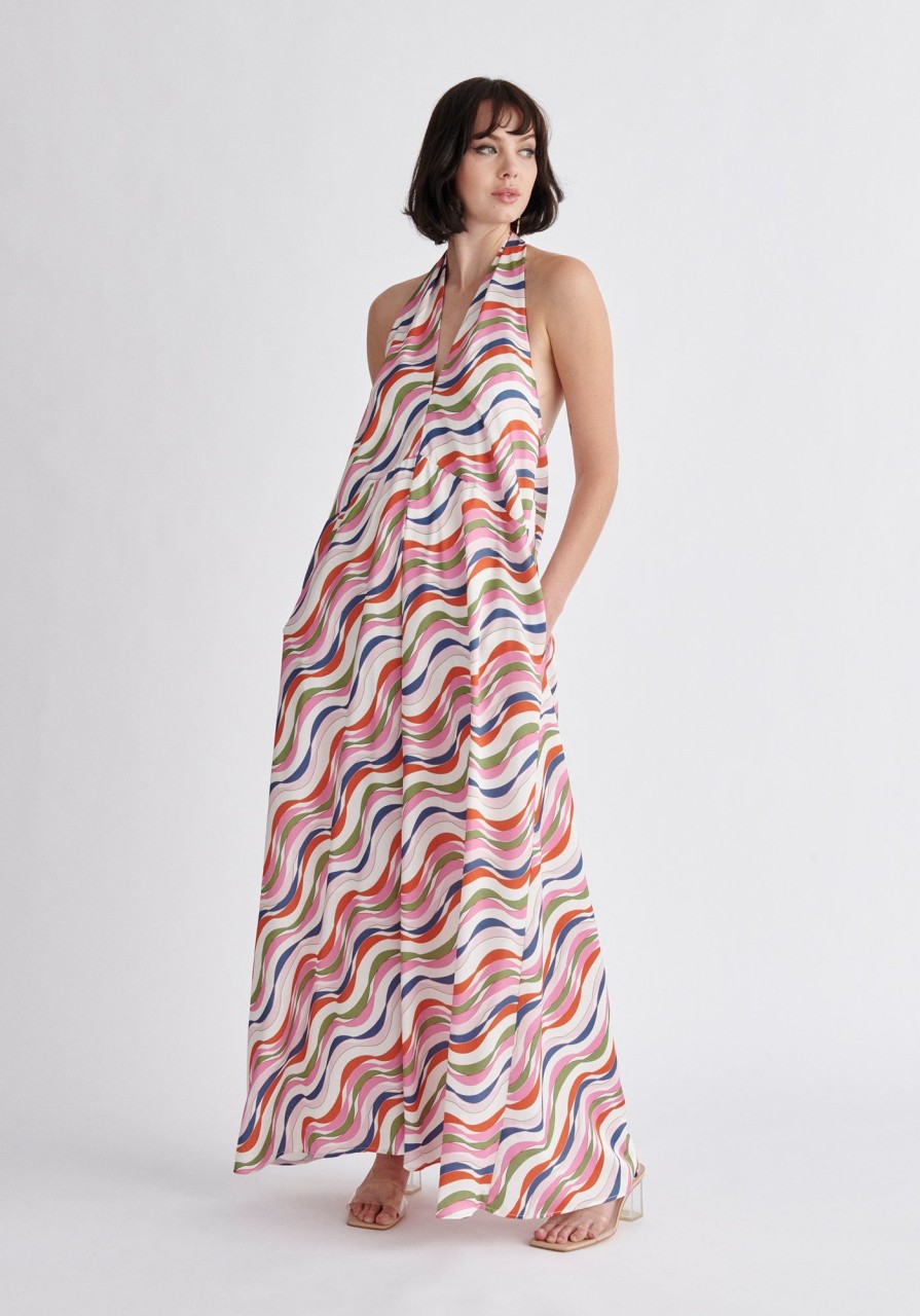 Clothing Paisie | Wave Print Halterneck Maxi Dress