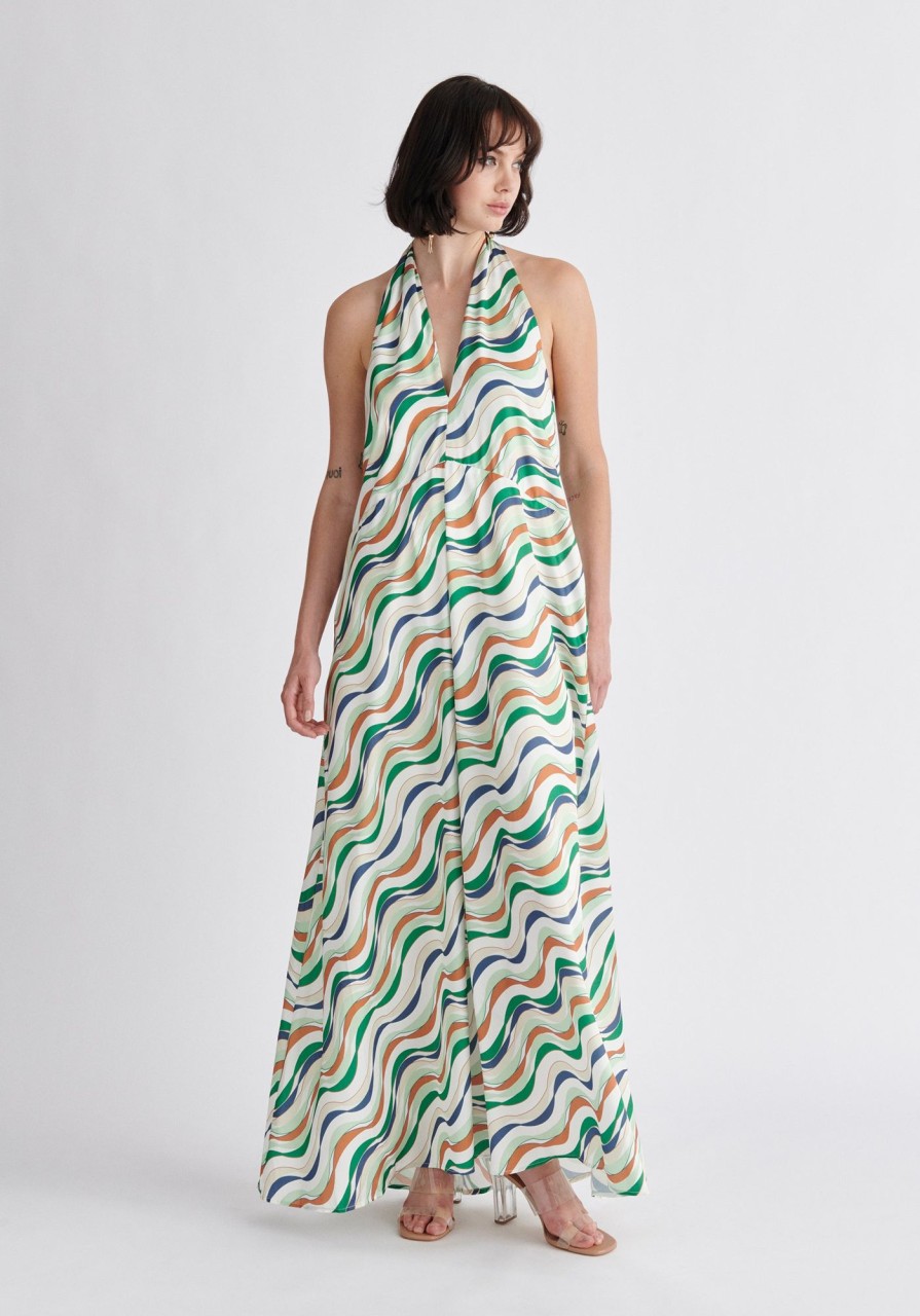 Clothing Paisie | Wave Print Halterneck Maxi Dress